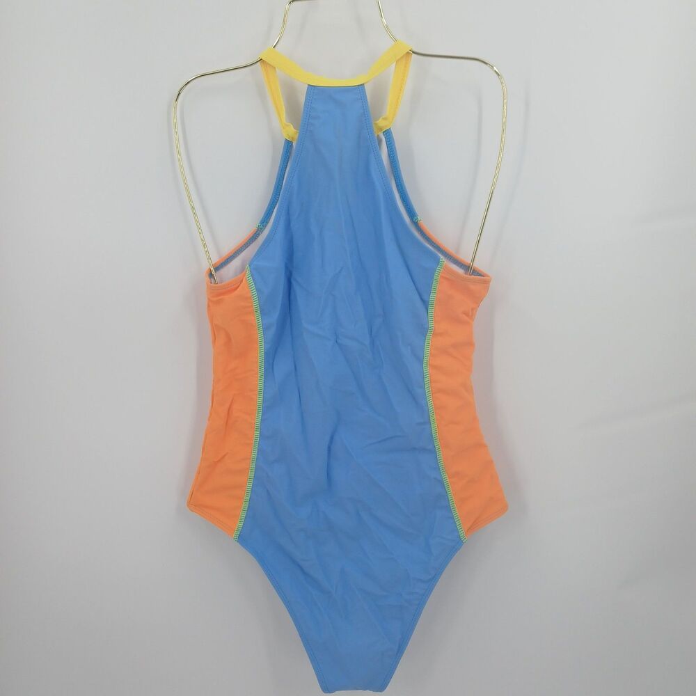 womens size medium High-Neck Color-Block Zipper One-Piece Swimsuit blue orange - Picture 6 of 7